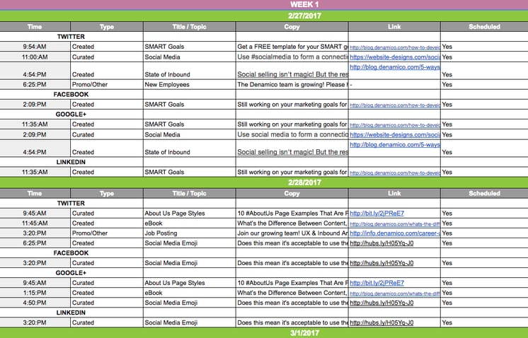 Content calendar for social media